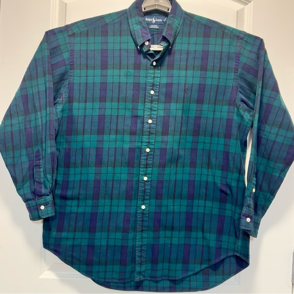 Vintage Ralph Lauren Mens Blaire Plaid Shirt Large Cotton L/S Preppy Green Blue - Picture 9 of 10